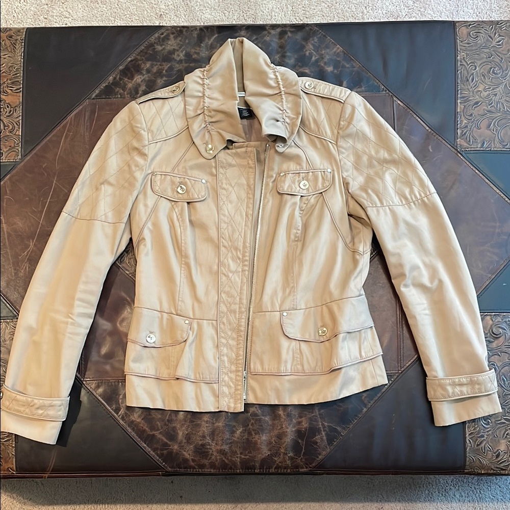 WHBM Women's Tan Jacket, size 10, with ruffles and quilted details